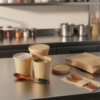 Seau à soupe en papier compostable avec couvercle, récipient alimentaire jetable en papier kraft pour bouillon et ragoût