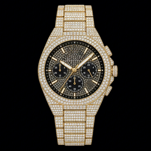 Montre Chronographe Diamant Or Luxe Bracelet Sertie de Diamants Cadran Noir Bijou Tendance Accessoire Homme - Product Image 1