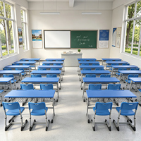 Conjunto de Mesa e Cadeira Escolar Personalizado OEM, Tampo Azul em PE, Mobiliário Ergonômico para Sala de Aula, Mesa de Estudo para Estudantes