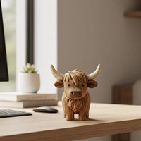 Statue en bois de vache des Highlands sculptée à la main - Décoration minimaliste de bureau et d'étagère, cadeau artisanal unique, sculpture d'animal de ferme mignonne