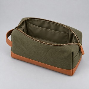 Dopp Kit Heritage Cotton Canvas Toiletry <b>Bag</b> with Vegan Leather Trim 26x15x14cm Men Travel Custom Logo - Product Image 3