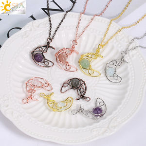 CSJA grosir buatan tangan kawat tembaga dibungkus batu alam bulat manik batu permata kristal bulan sabit kalung perhiasan wanita H170 - Product Image 2