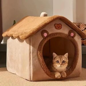 Casa para Gatos con Diseño de Oso, Cama Acogedora para Mascotas, Cueva para Gatos de Interior, Tamaño Pequeño, Color Marrón y Beige, Tela de Felpa de Algodón - Product Image 1