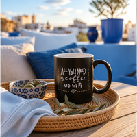 Mug à café en céramique noire amusant avec inscription « Tout ce dont vous avez besoin, c'est du café et du wifi », 12 oz, mug personnalisé avec logo, cadeau de bureau pour le café, le lait, le latte