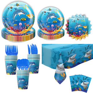 Cá mập xanh bé cá heo đại dương chủ đề trẻ em Cung cấp bữa tiệc sinh nhật-đĩa giấy, cốc giấy, khăn giấy, biểu ngữ trang trí - Product Image 6