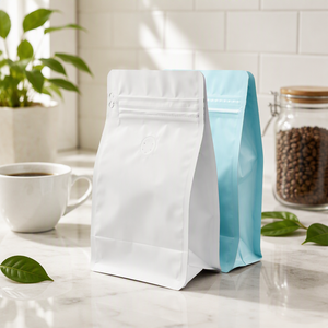 Sachet de café carré sur mesure à fond plat avec valve de dégazage, doublure en aluminium de qualité alimentaire, fermeture éclair facile à déchirer, emballage de café en vrac - Product Image 1
