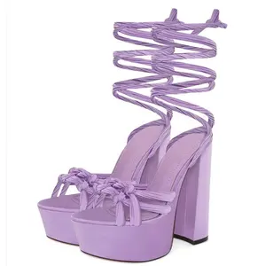 ENMAYER夏季最新款女士凉鞋紫色缎面露趾超高跟鞋厚底凉鞋女士高跟