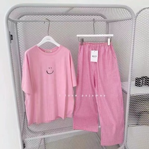 Nouveau femmes Plaid pyjamas pantalon tenue décontracté adulte mode maison sous-vêtements à manches courtes été automne printemps 95% Polyester tricoté - Product Image 3