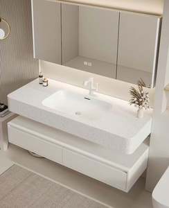 Vasque de salle de bain intégrée en pierre de style hôtel contemporain haut de gamme avec miroir intelligent extra large - Product Image 2