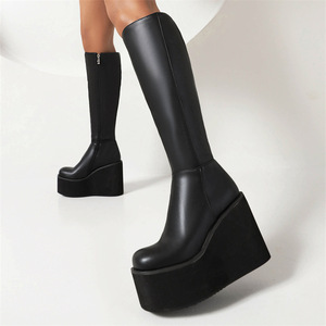 Custom Plus Size Round Toe <b>Knee</b> <b>High</b> Zip Ladies Thick Sole Platform Women Wedges Boots - Product Image 4