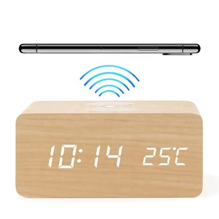 Hot Selling Wooden QI Wireless Charger charging LED Calendar Time Temperature wireless charging with electronic clock