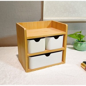 Bamboo Wood Desktop <b>Storage</b> <b>Box</b> 3 Tier <b>Drawer</b> Organizer White Rectangle Standing Type Office Desk Study Table Organizer - Product Image 1