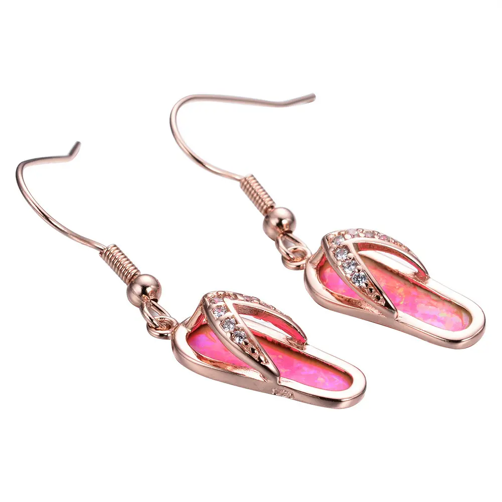 925 Sterling Silver Plated Rose Gold Pink Created Opal Inlay Flip Flop Dangle Hook Earrings Jewelry