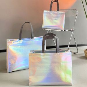 Promotional Fashion <b>Glitter</b> Holographic Laser Iridescent Silver Gift Shopping Bag Tote Non-Woven Bag - Product Image 1