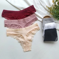 유럽계 미국인 여성의 섹시한 끈 팬티 저층 레이스 팬티 블랙 레드 얇은 면 일반 염색 기법 솔리드 니트 허리