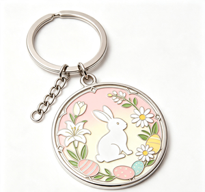 Porte-clés personnalisé en métal Lapin de Pâques, anneau émaillé rond, pendentif floral vintage, cadeau - Product Image 3