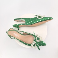 Sandales d'été élégantes à talons aiguilles vertes, motif pois, avec nœud perlé, pour femme