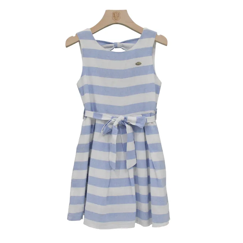 Wholesale High Quality Cotton Girls Dress Blue and White Stripe Casual Wear with Bow Decoration for 2 4 6 8 Year Old Children