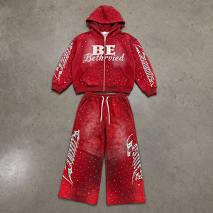 Ensemble de survêtement streetwear personnalisé pour <span class=keywords><strong>homme</strong></span>, comprenant un sweat à capuche zippé en molleton bouclette épais avec strass effet délavé et un pantalon de survêtement à jambe <span class=keywords><strong>large</strong></span> - Product Image 1