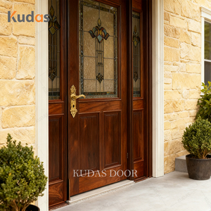 Portes classiques à double entrée de haute qualité, portes extérieures en <span class=keywords><strong>bois</strong></span> pour villa, portes principales en <span class=keywords><strong>bois</strong></span> massif sculptées avec vitraux pour la maison - Product Image 2