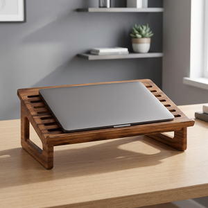 Support pour ordinateur portable en bois de manguier avec fentes de refroidissement |   Design moderne du milieu du siècle, 55x35x20 cm, écologique, durable, artisanal, vente en gros - Product Image 3