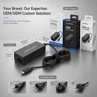 Chargeur d'ordinateur portable GaN 65W PD 3.0 à charge rapide, adaptateur secteur de bureau, certifié CE, fabricant professionnel OEM ODM, 65 watts