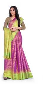 Sari en soie vert et violet avec broderie Zari dorée, tenue de mariage indienne traditionnelle pour femme, longueur au sol, coupe classique - Product Image 5