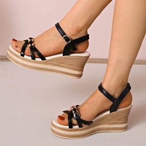 Sandales <span class=keywords><strong>compensées</strong></span> en lin à bout ouvert pour femmes, vente en gros d'usine - Chaussures plateforme <span class=keywords><strong>espadrilles</strong></span> à bride cheville pour l'été - Product Image 3