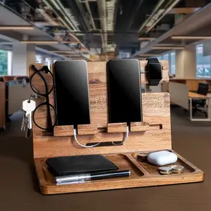 Lade unterstützung für hölzerne Telefon halter Multifunktion ale hölzerne Uhren ständer Holz-Telefon-Docking station mit Schlüssel halter