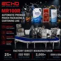 Ligne d'emballage automatique ECHO pour sachets préformés avec bec verseur, remplissage et scellage de liquides, et formage automatique de cartons avec robot Delta pour l'emballage en caisses