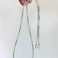 Kalung Mutiara Air Tawar Zirkon Bambu 3-7mm Perak Sterling Berlapis Emas Magnet Bunga Mobil Gesper Panjang Total 58cm Serbaguna