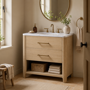 <span class=keywords><strong>Mobile</strong></span> <span class=keywords><strong>Bagno</strong></span> Artigianale Moderno in Rovere, Lavabo con Top in Marmo di Carrara e 2 Cassetti, <span class=keywords><strong>Mobile</strong></span> Lavabo di Lusso Stile Arhaus in Legno per Villa - Product Image 1