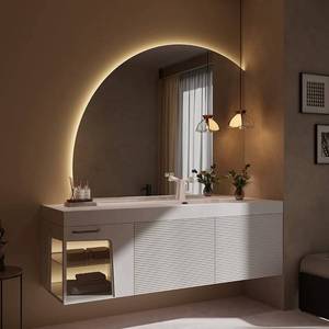 Contemporary <b>Wall</b> Mounted Bathroom Vanity With LED Arc <b>Mirror</b> Ceramic Basin 60 In MDF Minimalist Design - Product Image 5