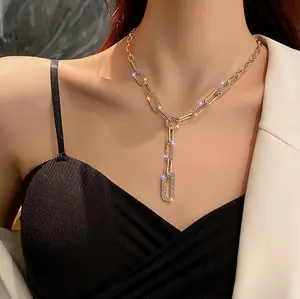 00089-2-1-1 European and American personality trend light luxury fashion diamond inlaid geometric metal bone chain neck chain