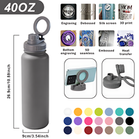 Bouteille d'eau sport isotherme en acier inoxydable de 40 oz avec support magnétique pour téléphone, gourde anti-fuite pour les voyages