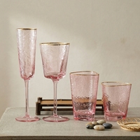 Verre à vin rose martelé avec bord doré et bouche triangulaire, flûte à champagne, verre à eau pour mariage et fête, vente en gros