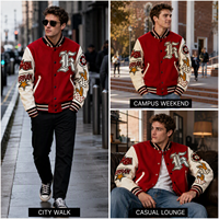 Blouson universitaire streetwear pour homme, rayé, boutonné, avec broderies et patchs, en mélange de laine confortable, pour usage quotidien, certifié ISO CE CPC