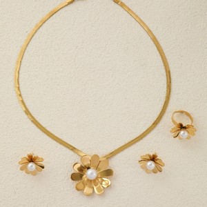 Set di Gioielli da Donna in Acciaio Inossidabile 18k, Collana Margherita, <span class=keywords><strong>Orecchini</strong></span> e Anello <span class=keywords><strong>con</strong></span> Perla, Accessori di Gioielleria - Product Image 5