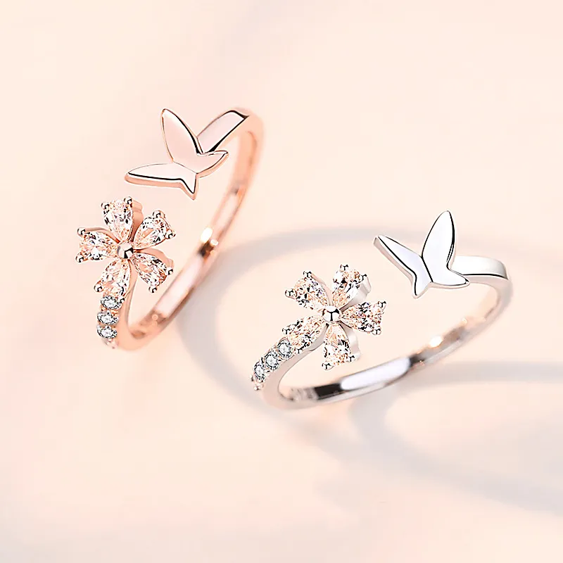 Exquisite Rose Gold Plated Jewelry Cubic Zirconia 925 Sterling Silver Cute Butterfly Rings women's Adjustable Ring