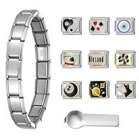 Bracelet unisexe personnalisé en acier inoxydable 9 mm, style chaîne de moto, avec breloques italiennes florales, maillons modulaires extensibles pour la création de bijoux DIY