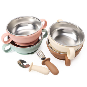 Stainless Steel Baby Feeding Plate Set With Fork Spoon For 1-2 Years Kids Mealtime <b>Training</b> Dishware - Product Image 4