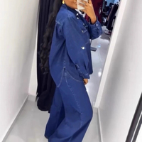 Ensemble 2 pièces en jean pour femme : Veste déchirée à col rabattu et boutonnage simple avec poches, et pantalon droit – Collection 2026