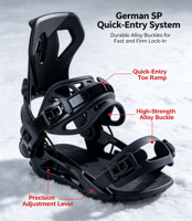 Fixation de snowboard noire Step-on style alpin avec sangle réglable pour entrée rapide, freestyle et tout-terrain