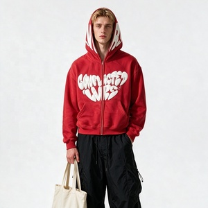 Felpa Corta da <span class=keywords><strong>Uomo</strong></span> con Zip Integrale e Ricamo 3D a Cuore Fiammeggiante, Cerniera in Metallo per Streetwear Hip Hop Personalizzato OEM - Product Image 1