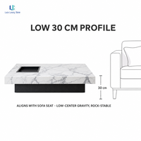 Table basse en marbre Statuario Luca Pure |   Plateau de table carré en pierre veinée blanc-gris avec plateau noir intégré, décoration moderne de luxe pour maison et villa