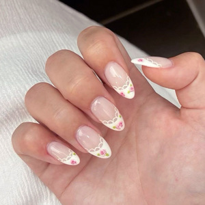 <span class=keywords><strong>Uñas</strong></span> postizas acrílicas de alta calidad <span class=keywords><strong>con</strong></span> diseño de flor de <span class=keywords><strong>rosa</strong></span> blanca francesa simple, almidón, venta al por mayor - Product Image 1