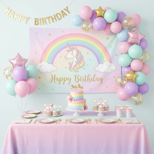 Kit de Fiesta de <span class=keywords><strong>Cumpleaños</strong></span> Unicornio Arcoíris de un Solo Clic, 45 Piezas, Juego Completo con Pancarta, Globos, Vajilla, Artículos para el Primer <span class=keywords><strong>Cumpleaños</strong></span> de Niños - Product Image 2