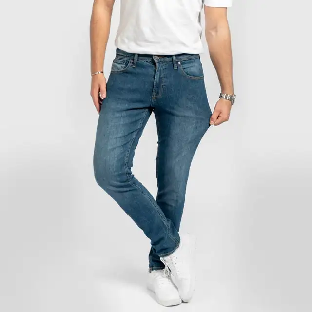 Erkekler temel orta mavi Denim performans kot Slim Fit streç Premium kalite toptan trend moda 2023 için