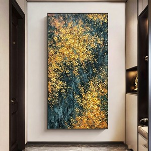 Peinture à l'huile peinte à la main, feuilles dorées, art abstrait brillant, effet visuel 3D moderne, décoration de hall d'entrée, sans cadre - Product Image 2