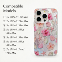 Coque TPU scintillante motif étoiles de mer et coquillages d'hibiscus rose estival, Housse souple antichoc pour iPhone 17 16 15 14 13 Pro Max